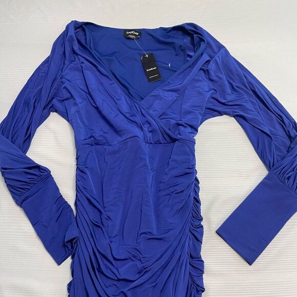 NWT bebe DOLMAN SLV SURPLICE DRAPED DRESS SIZE XS Blue - Picture 2 of 10